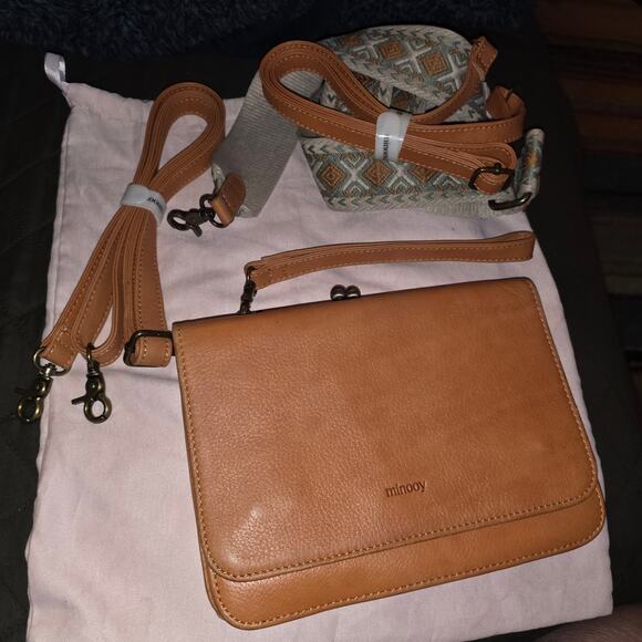 MINOOY TAN LEATHER KISS LOCK CROSSBODY SHOULDER BAG - Picture 4 of 7